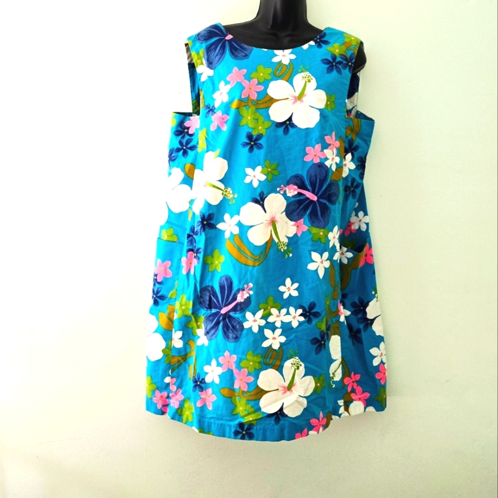Vintage Sample Shop Waikiki Hawaiian Dress 1970s Size Large Turquoise Tropical